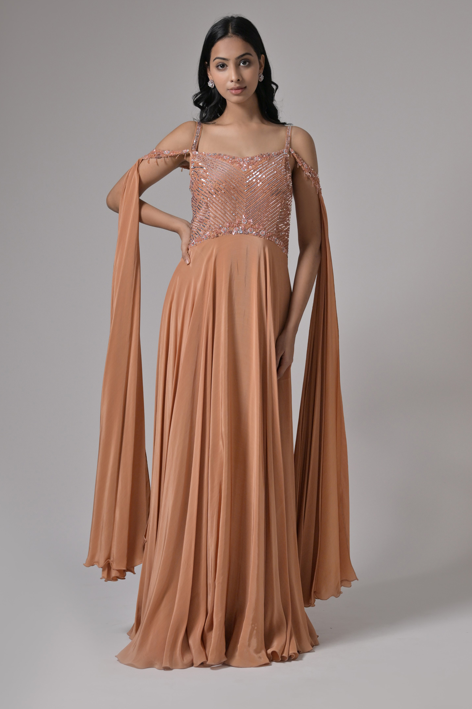 Soft Crepe Dusty Peach Stylist Party Wear Gown 